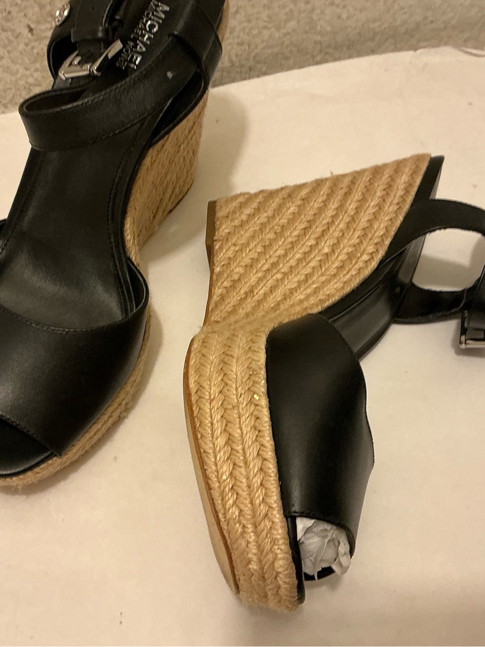 Michael Kors Black Leather Espadrille Wedge Sandals with Natural Rope Platform